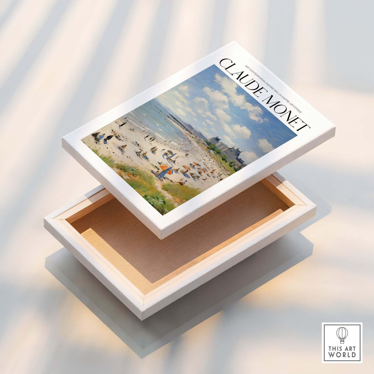 Claude Monet Sunny Beach Day Wall Art - Coastal Resort Scene Print showcased on a wooden box with a beach scene design.