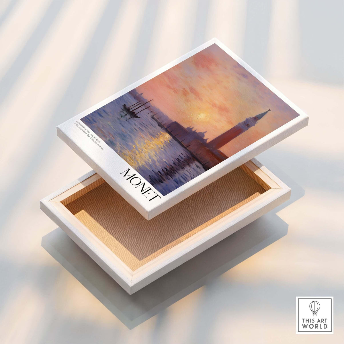 Monet Venice wall art print displayed on a decorative box showcasing a sunset over Venetian architecture.