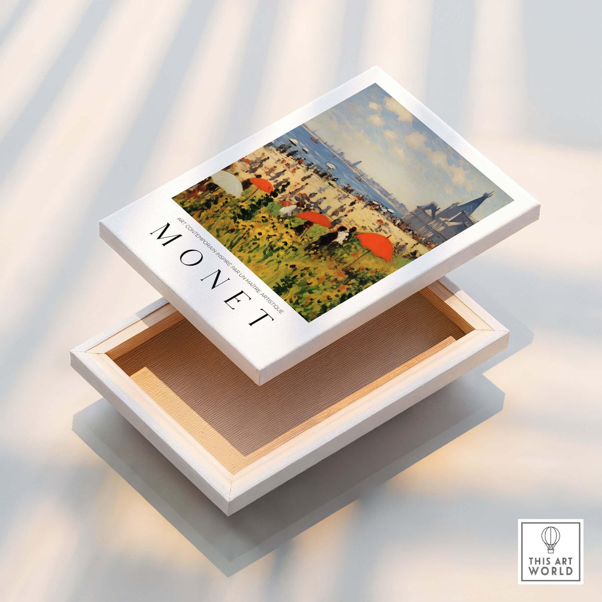 Claude Monet Art Print - Sunny Beach Resort with Flowers Poster on an open box, showcasing vibrant beach scene.