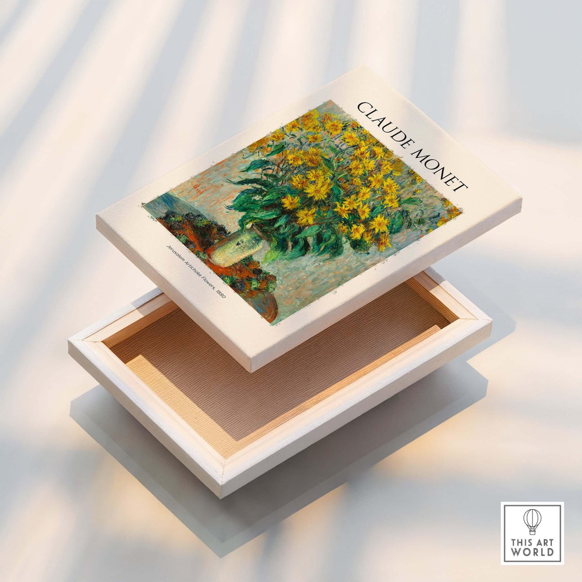Monet Jerusalem Artichoke Flowers Still Life Floral Art Print Poster displayed on an open box.