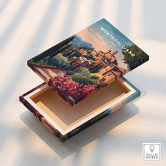 Montepulciano Italy Travel Poster | Tuscan Sunset Wall Art Print on a wooden box featuring a scenic landscape.