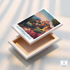 Montepulciano Italy Canvas Print | Italian Sunset Landscape Poster displayed on an open box featuring a vibrant artwork.