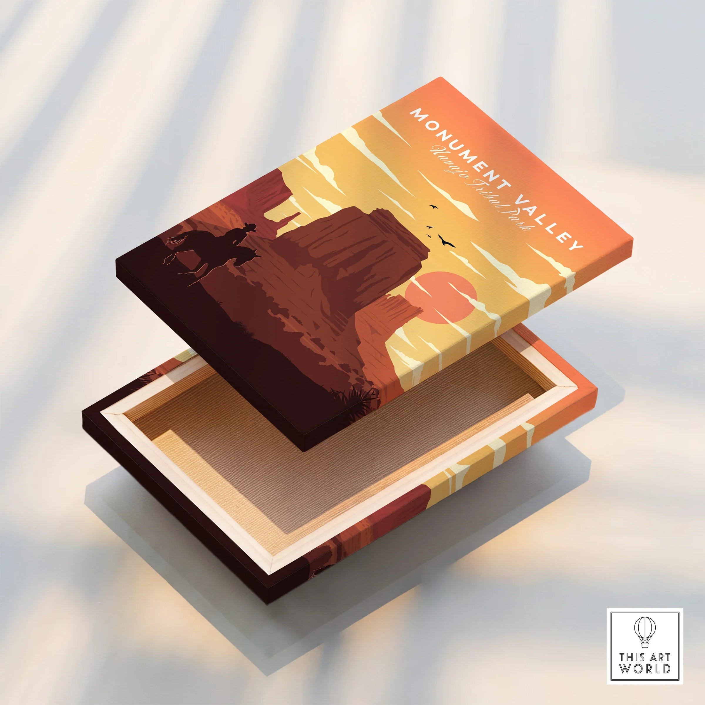 Monument Valley sunset travel poster on floating canvas print, desert landscape art