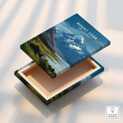 Mount Cook New Zealand Wall Art Print | Aoraki National Park Travel Poster box design featuring stunning landscape.