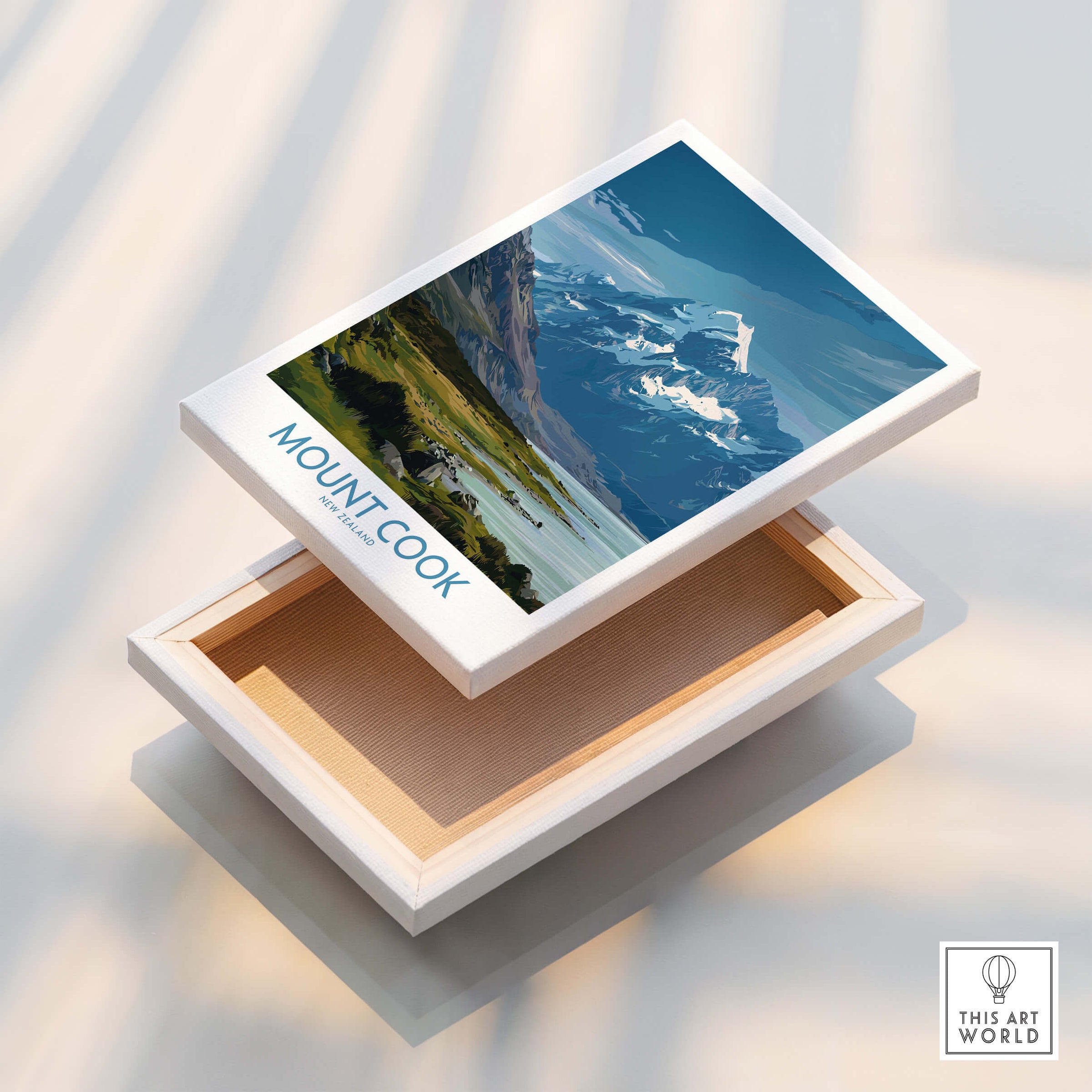Mount Cook New Zealand Poster | Southern Alps Mountain Canvas Print displayed on a box, showcasing stunning alpine scenery.