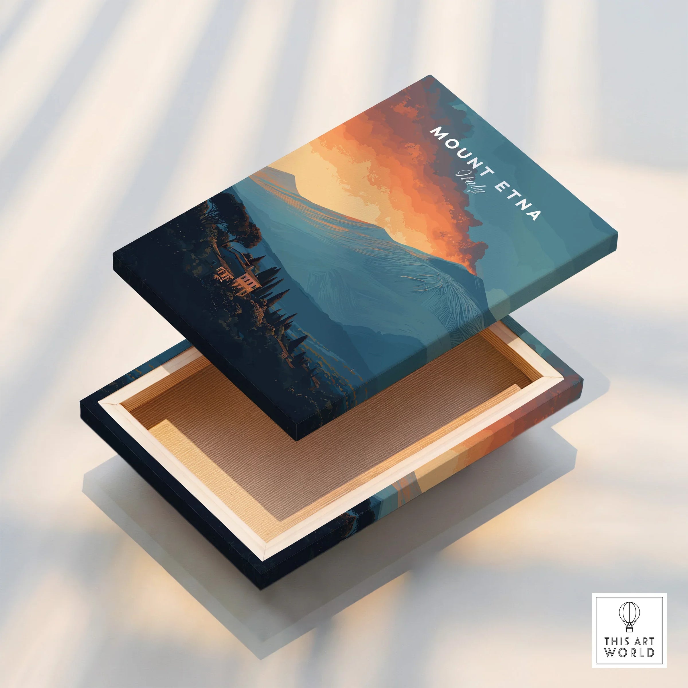 Mount Etna art print on floating canvas with vivid sunset landscape design, lid lifted