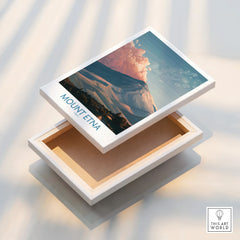 Mount Etna travel art print on stretched canvas with floating frame detail