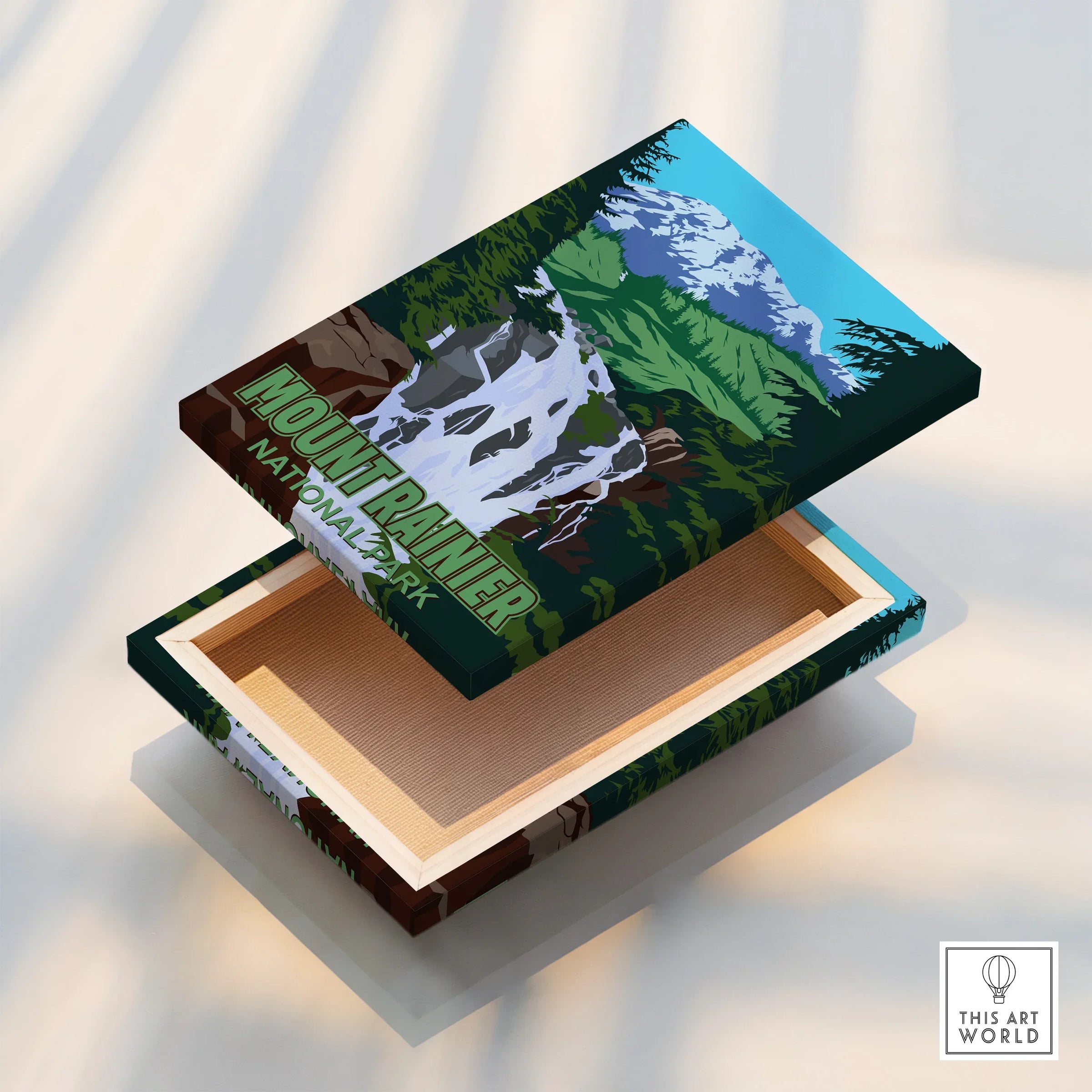 Mount Rainier National Park canvas print with mountain and waterfall illustration, floating frame.