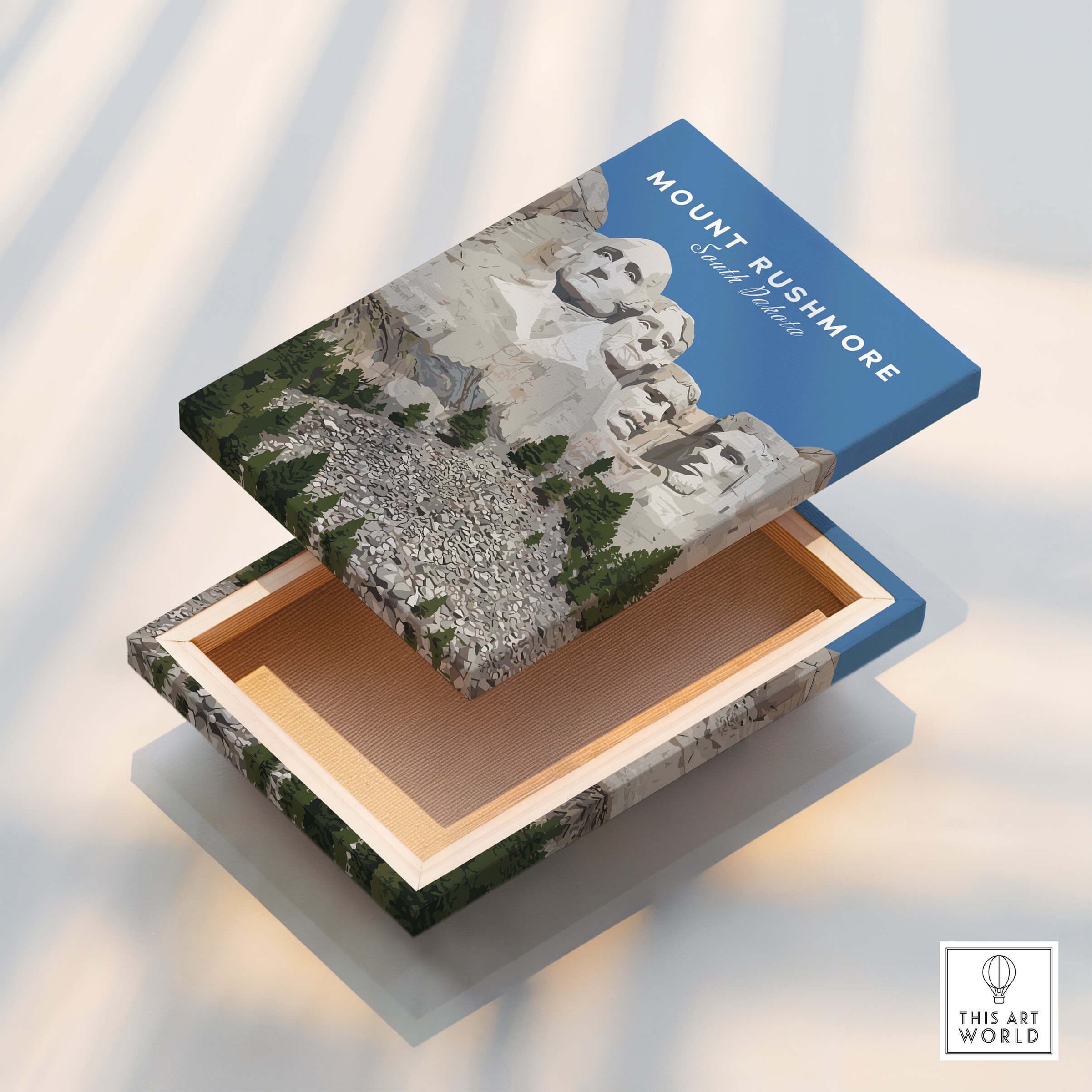 Mount Rushmore Print | National Memorial Wall Art on a wooden box showcasing the iconic landmark.