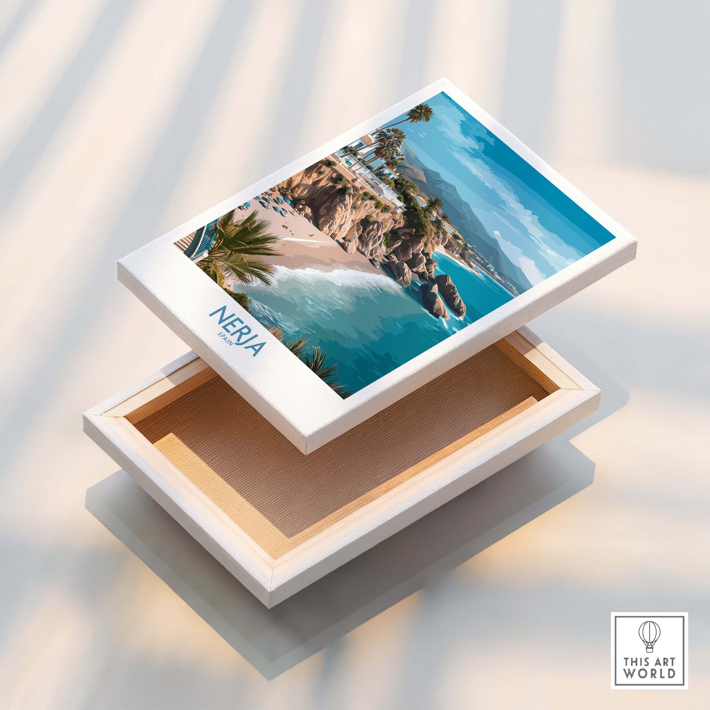 Nerja Spain Poster | Mediterranean Beach Landscape Canvas Print displayed in a decorative box.