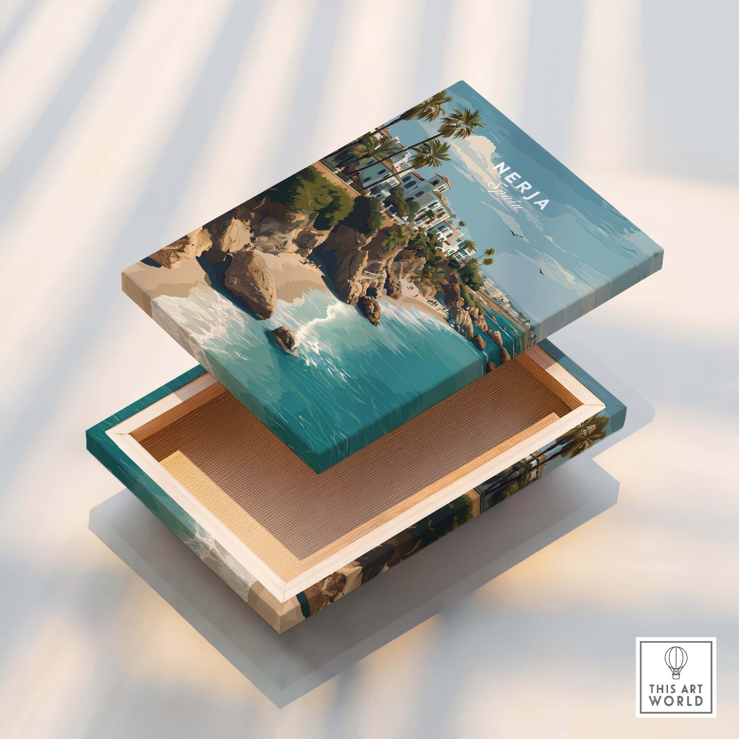 Nerja Spain Wall Art Print | Mediterranean Travel Poster displayed on a decorative box showcasing coastal scenery.