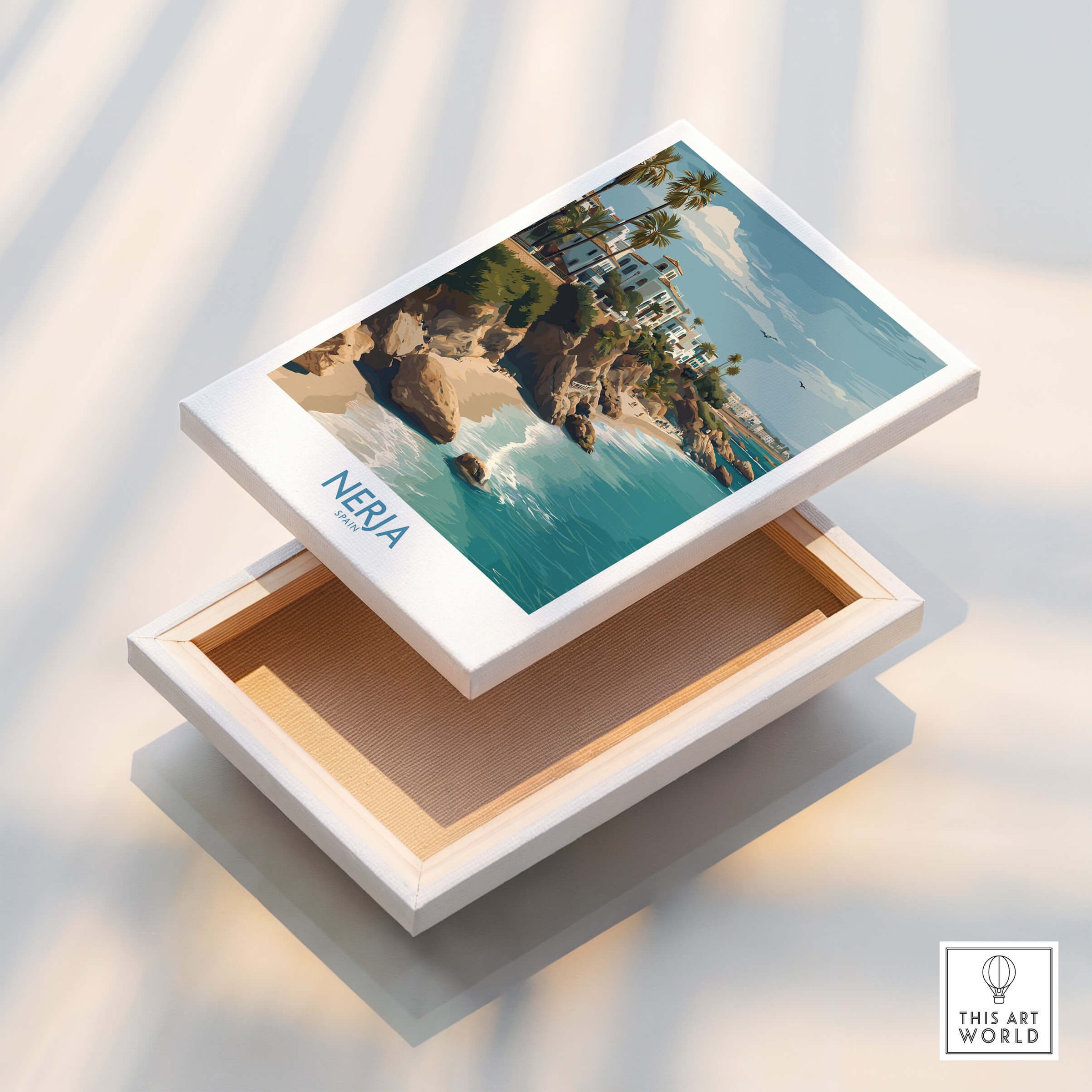 Nerja Spain Poster | Spanish Village Canvas Print displayed on a decorative box showcasing coastal views and palm trees.