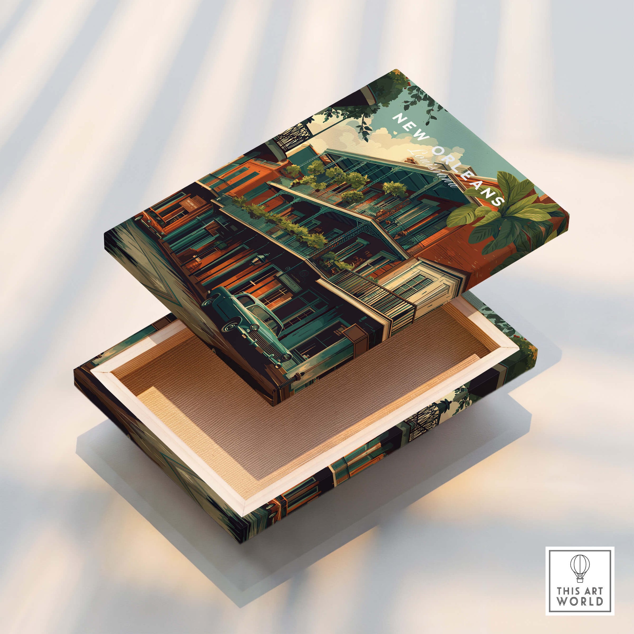 New Orleans Wall Art Print | French Quarter Balcony Travel Poster on a decorative box showcasing iconic architecture.