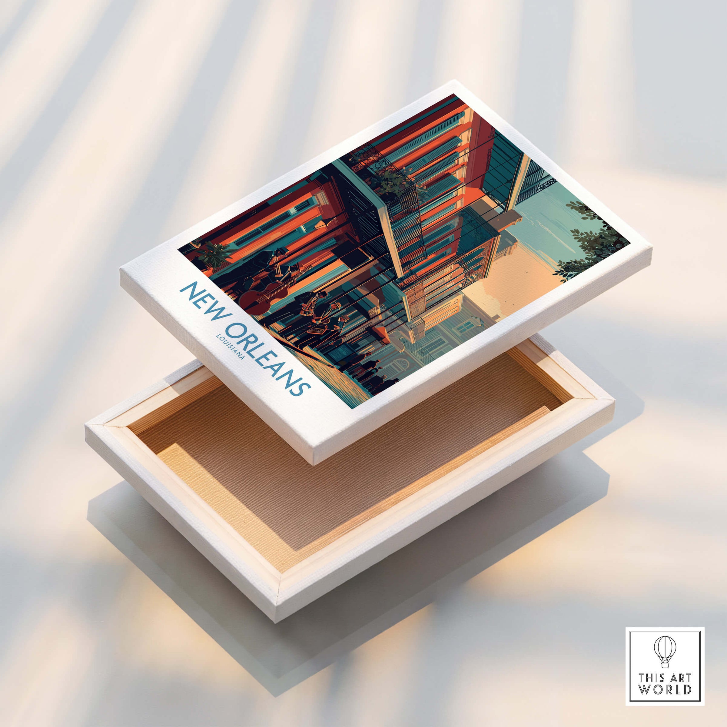 New Orleans Canvas Print | Musical Heritage Cityscape Poster in a decorative box showcasing vibrant city imagery.