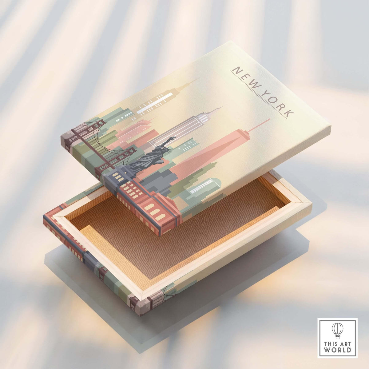 New York City Skyline Print | Wall Art on a decorative box featuring pastel skyline design and the word 'NEW YORK'.