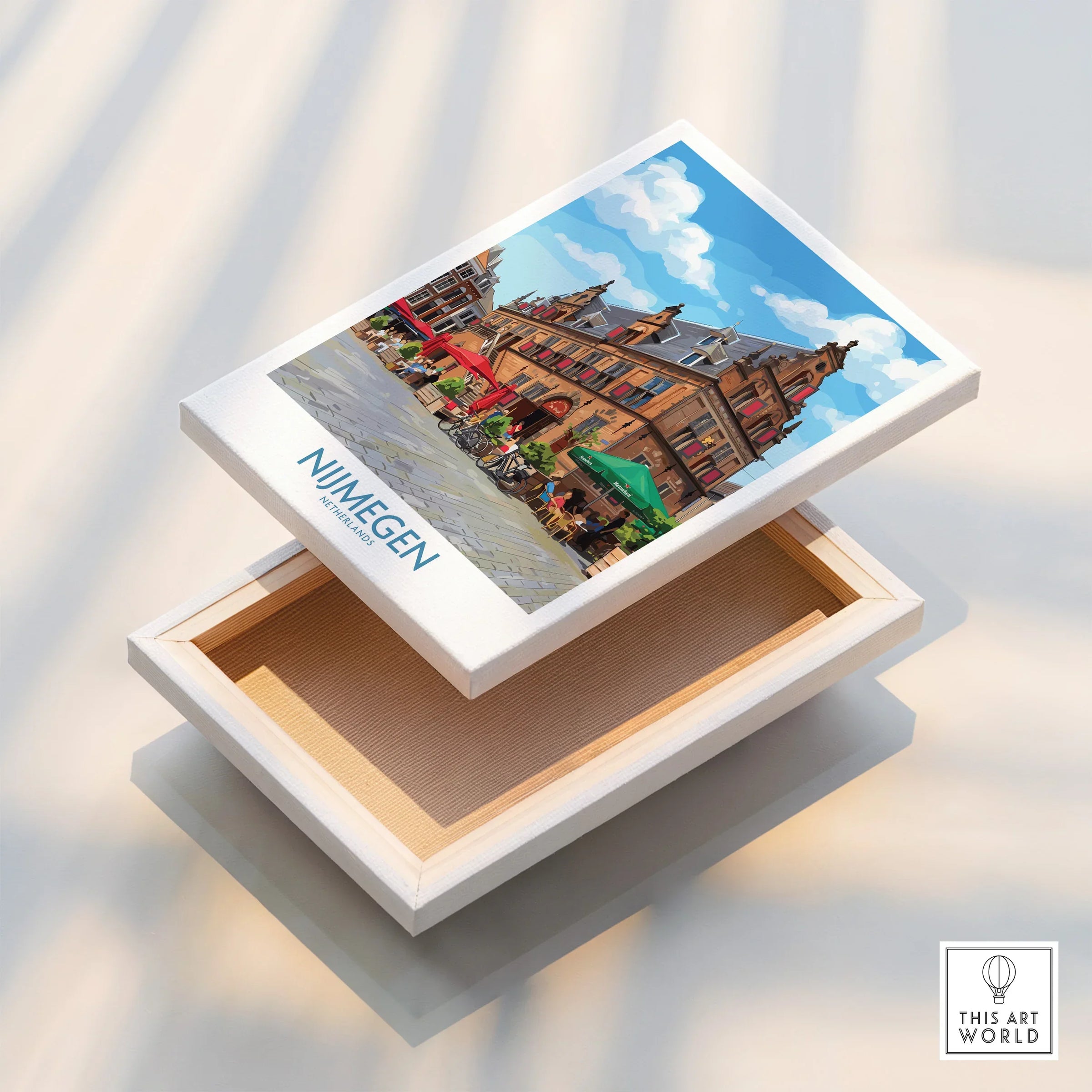 Nijmegen city wall art print on floating stretched canvas, urban travel decor
