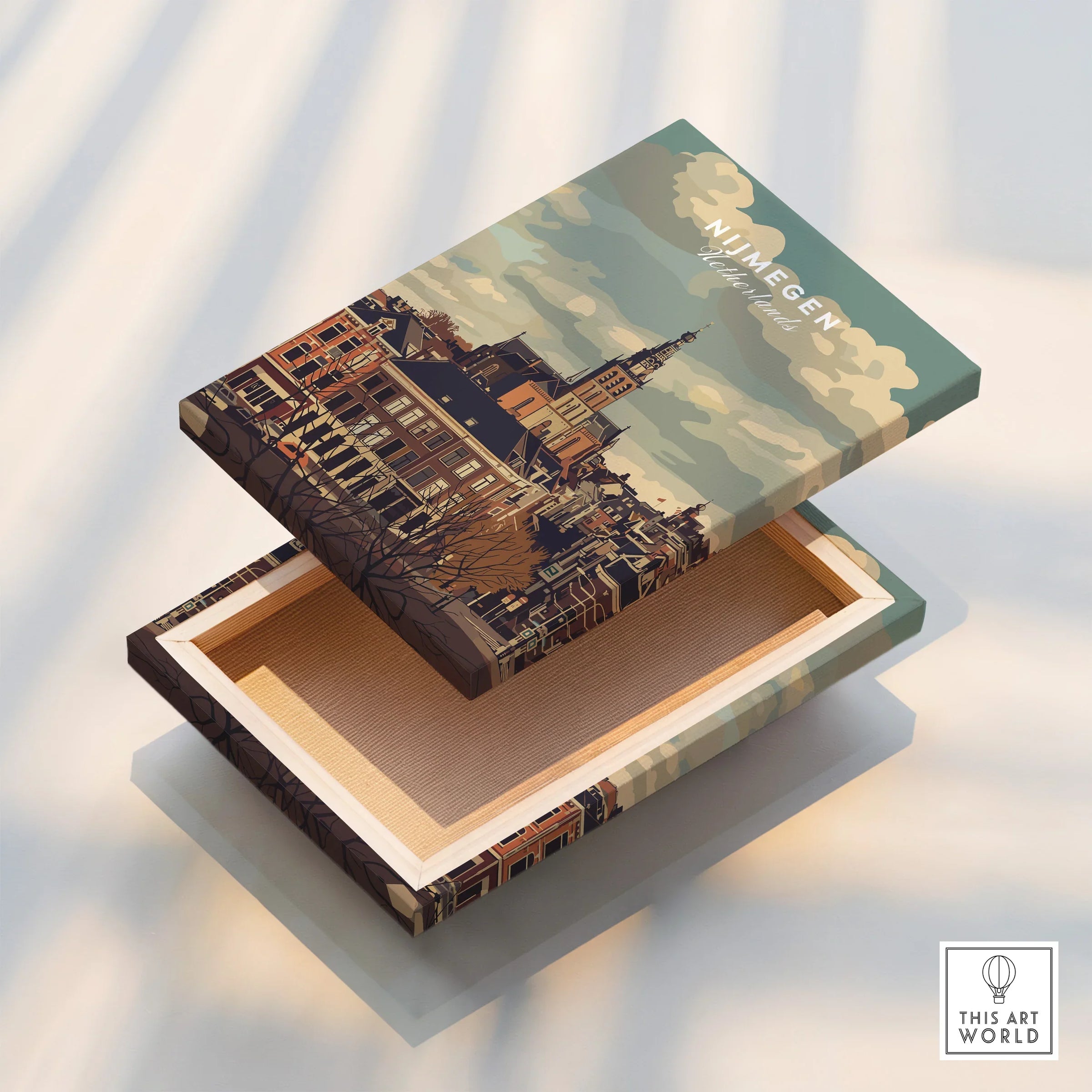 Nijmegen city skyline art print on floating canvas, modern wall decor box with detailed buildings
