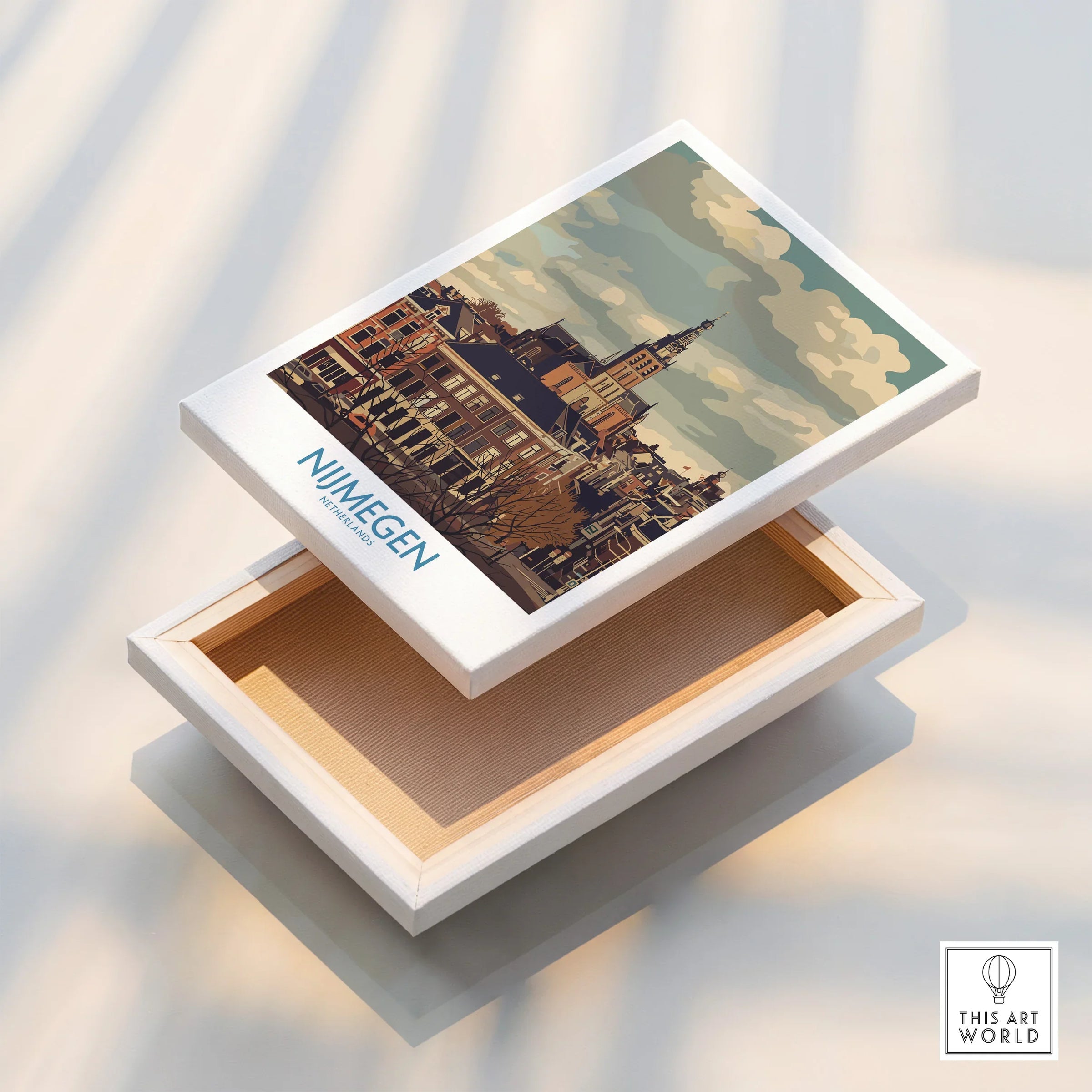 Nijmegen skyline canvas print with colorful cityscape illustration and floating frame detail