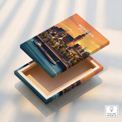 Nijmegen Netherlands cityscape travel poster art on a floating canvas print, lid opened.