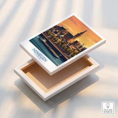 Nijmegen Netherlands skyline stretched canvas wall art with sunset colors and floating frame.