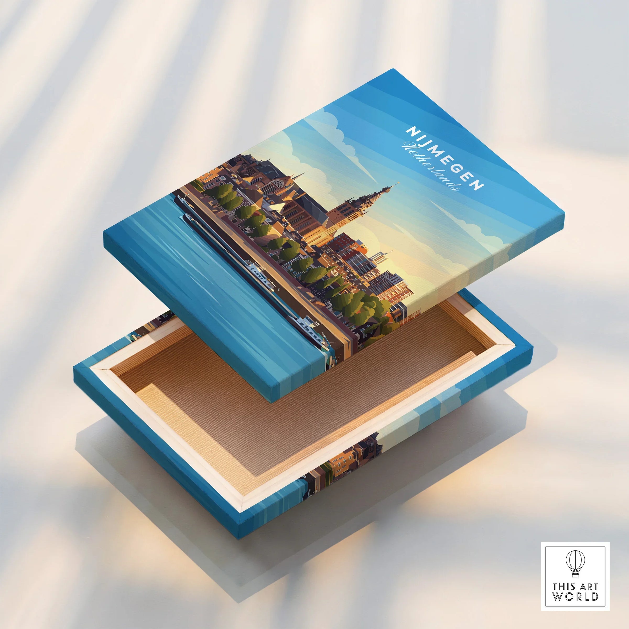 Nijmegen city skyline wall art box with colorful illustration, travel decor gift.