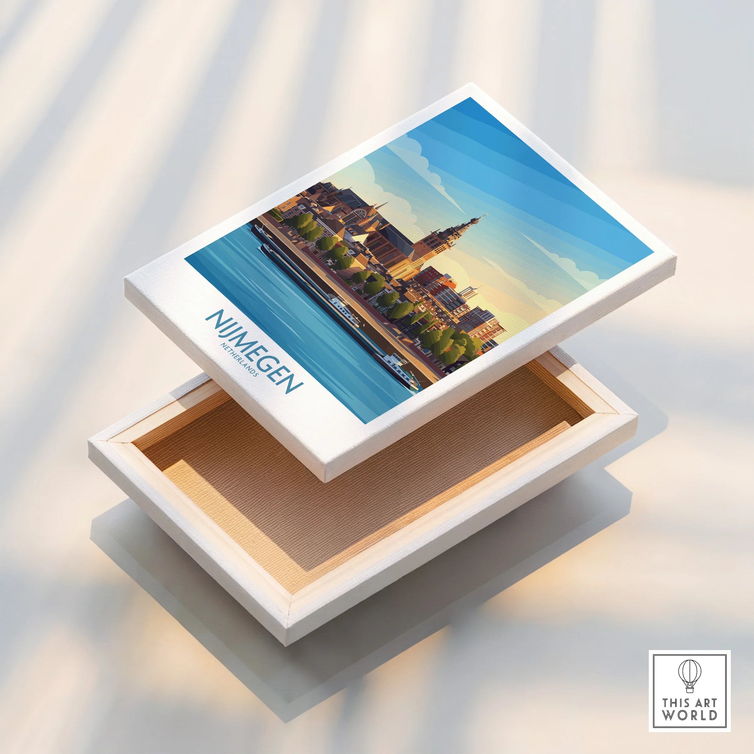 Nijmegen city skyline wall art on stretched canvas with floating frame detail