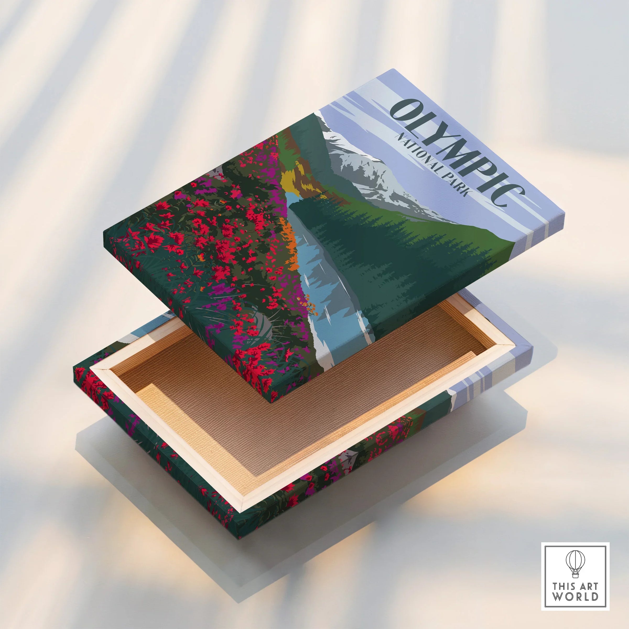 Olympic National Park art print box with mountain landscape and vibrant wildflowers.