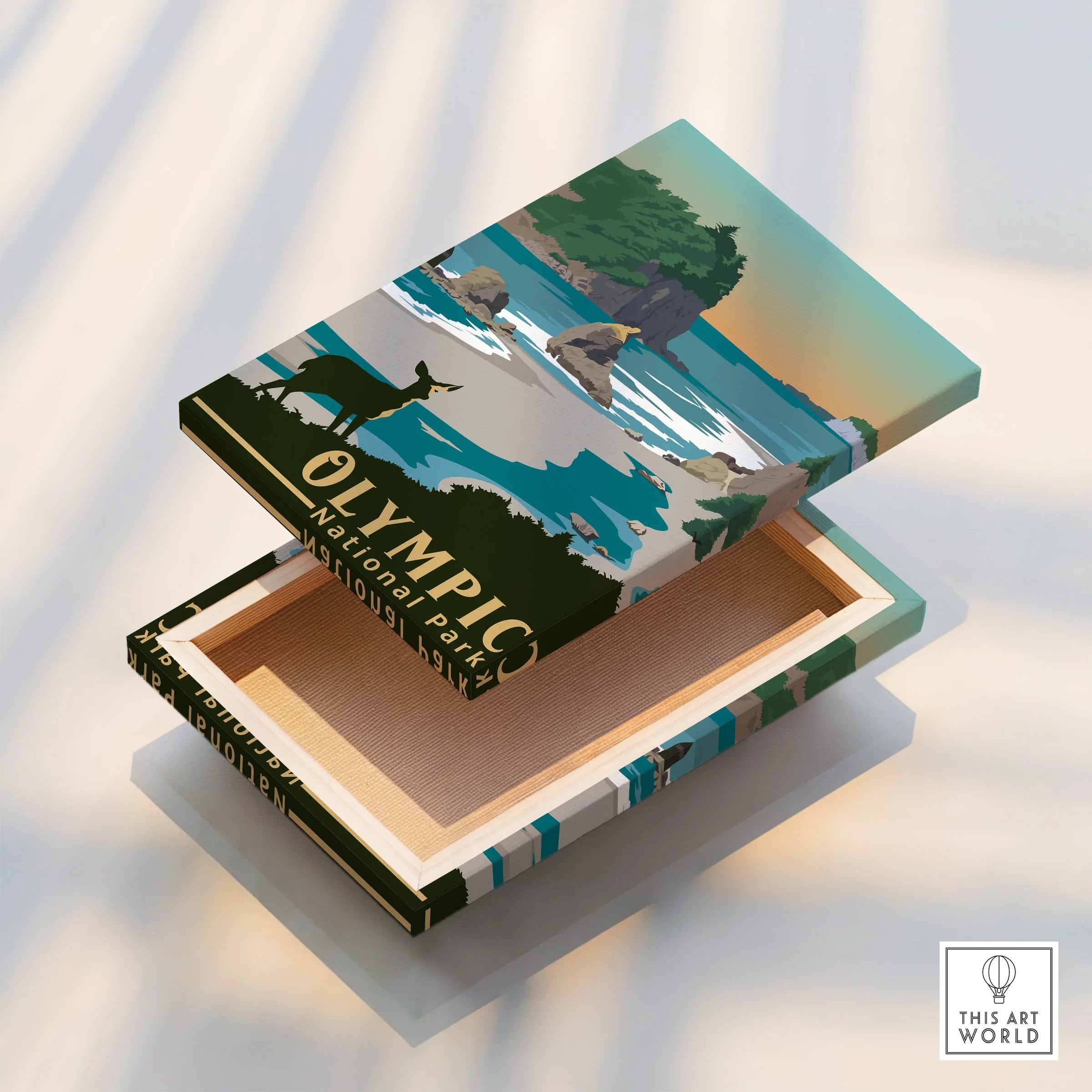 Olympic National Park wall art print with coastal landscape and deer, floating canvas detail