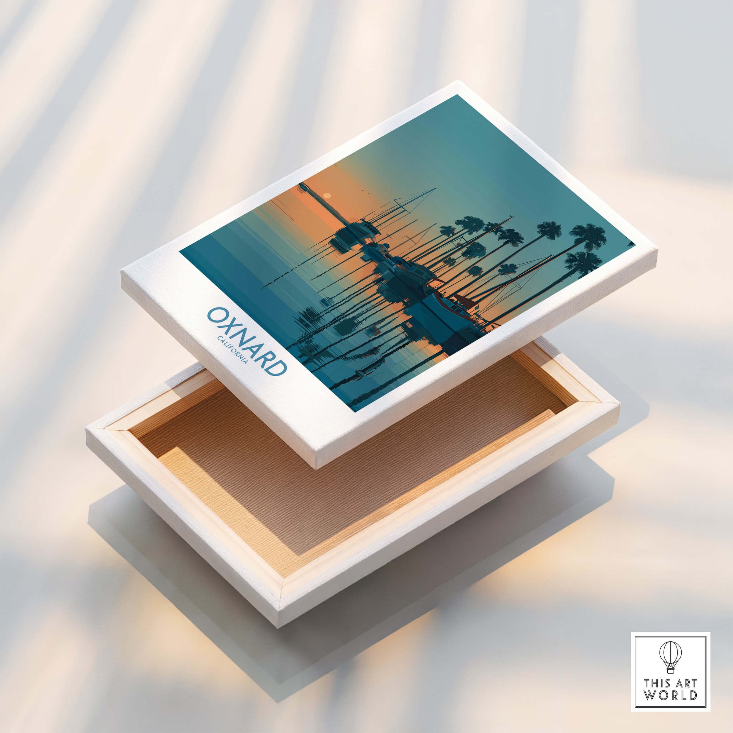 Oxnard California Poster | Scenic Pacific Marina Canvas Print on a display box with palm trees and coastal waters.