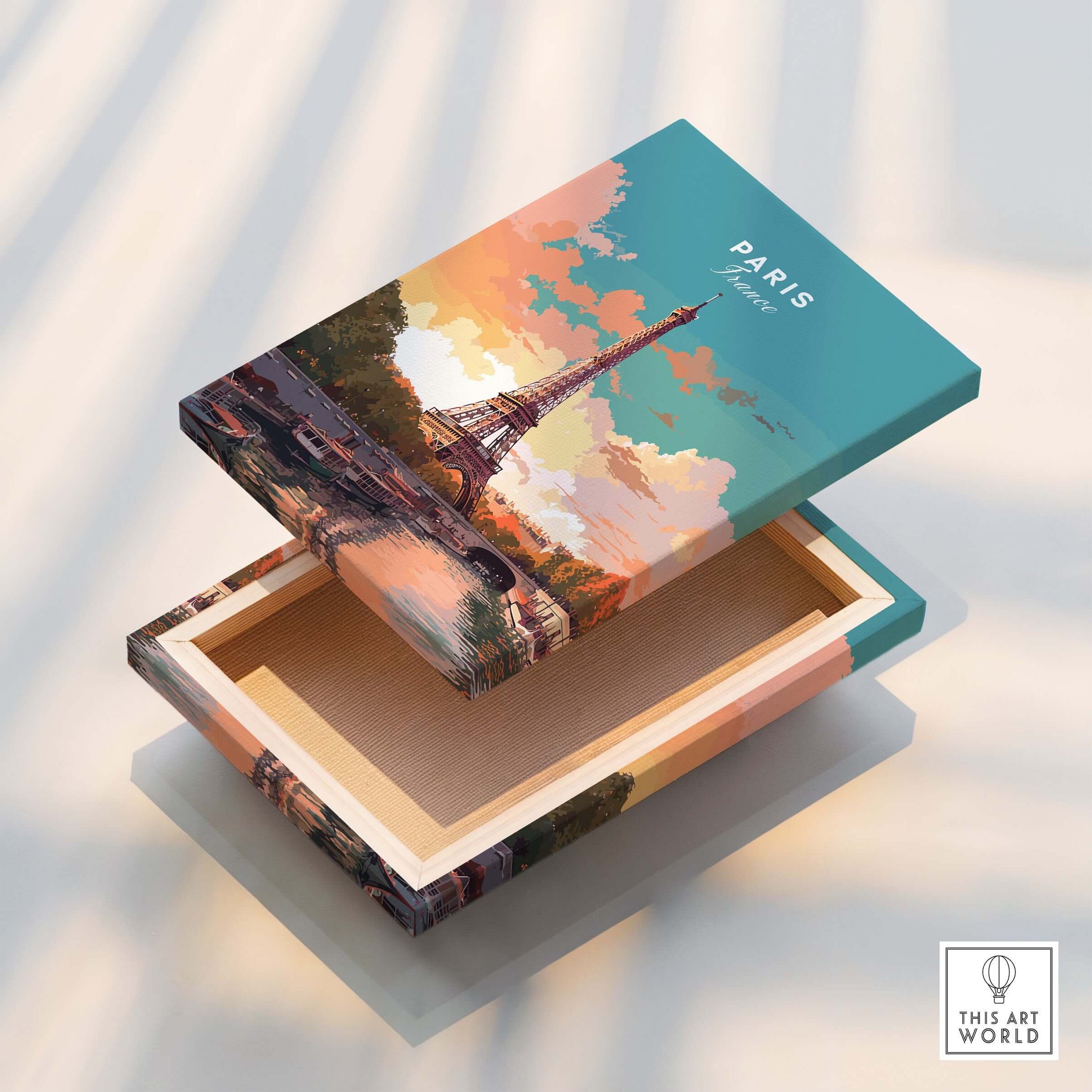 Paris Poster - Eiffel Tower decorative box showcasing an artistic design of the Eiffel Tower in vibrant colors.