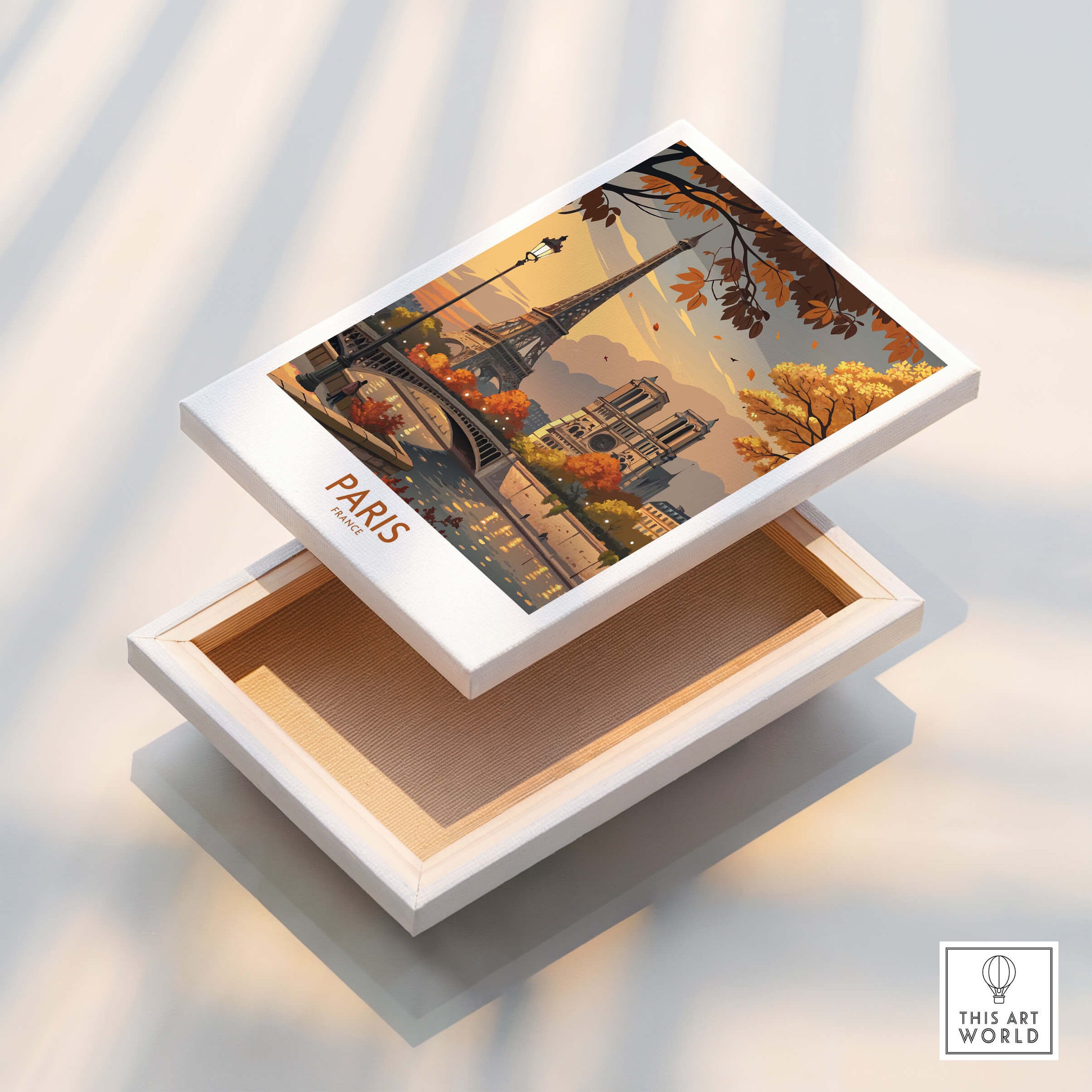 Paris France Autumn Seine River Art Print | Eiffel Tower and Notre Dame Poster displayed on a decorative box.