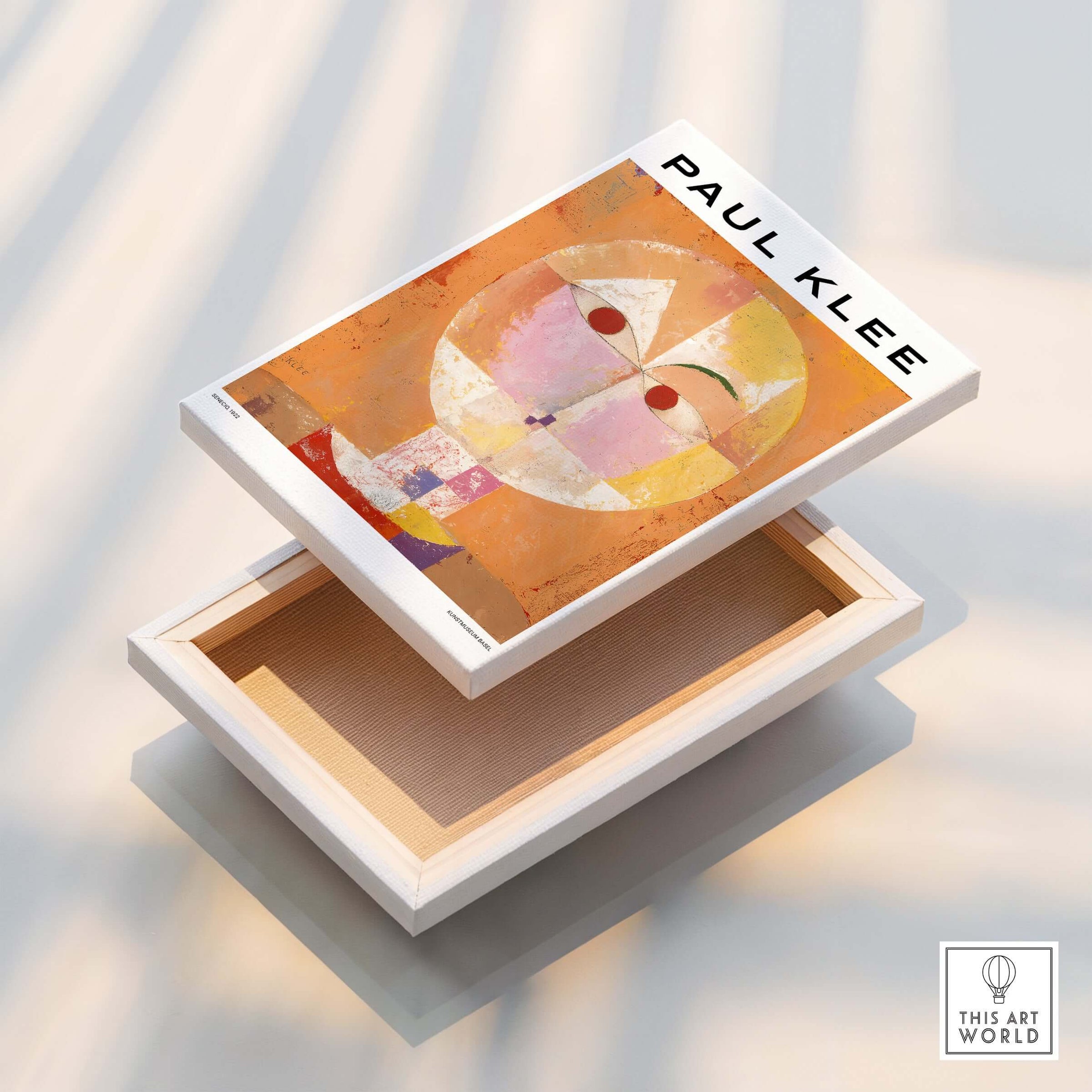 Paul Klee Senecio Head of Man Abstract Portrait Poster Art Print displayed on a box, showcasing geometric styles and warm hues.