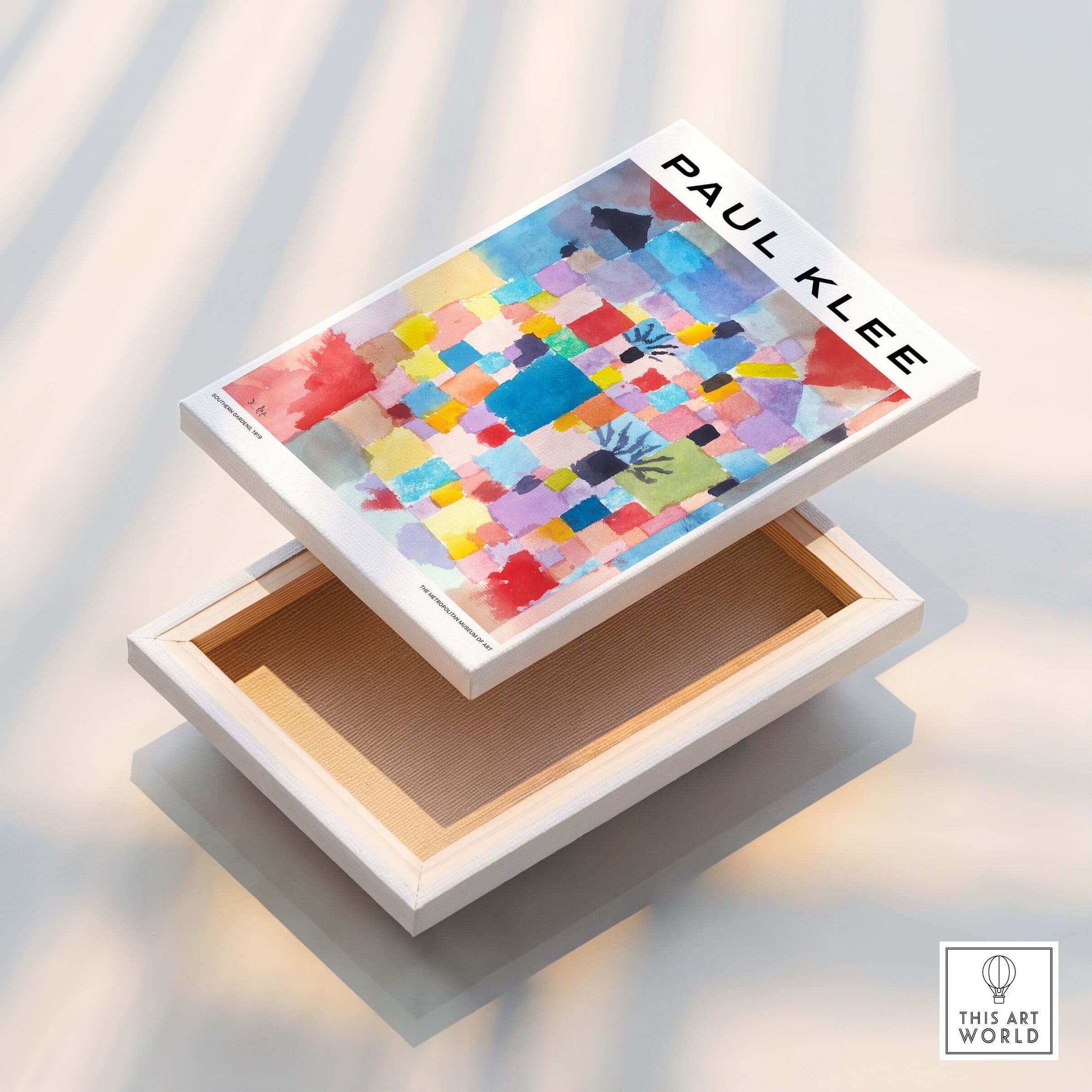 Paul Klee Southern Gardens Abstract Landscape Colorful Poster Art Print displayed on a wooden box