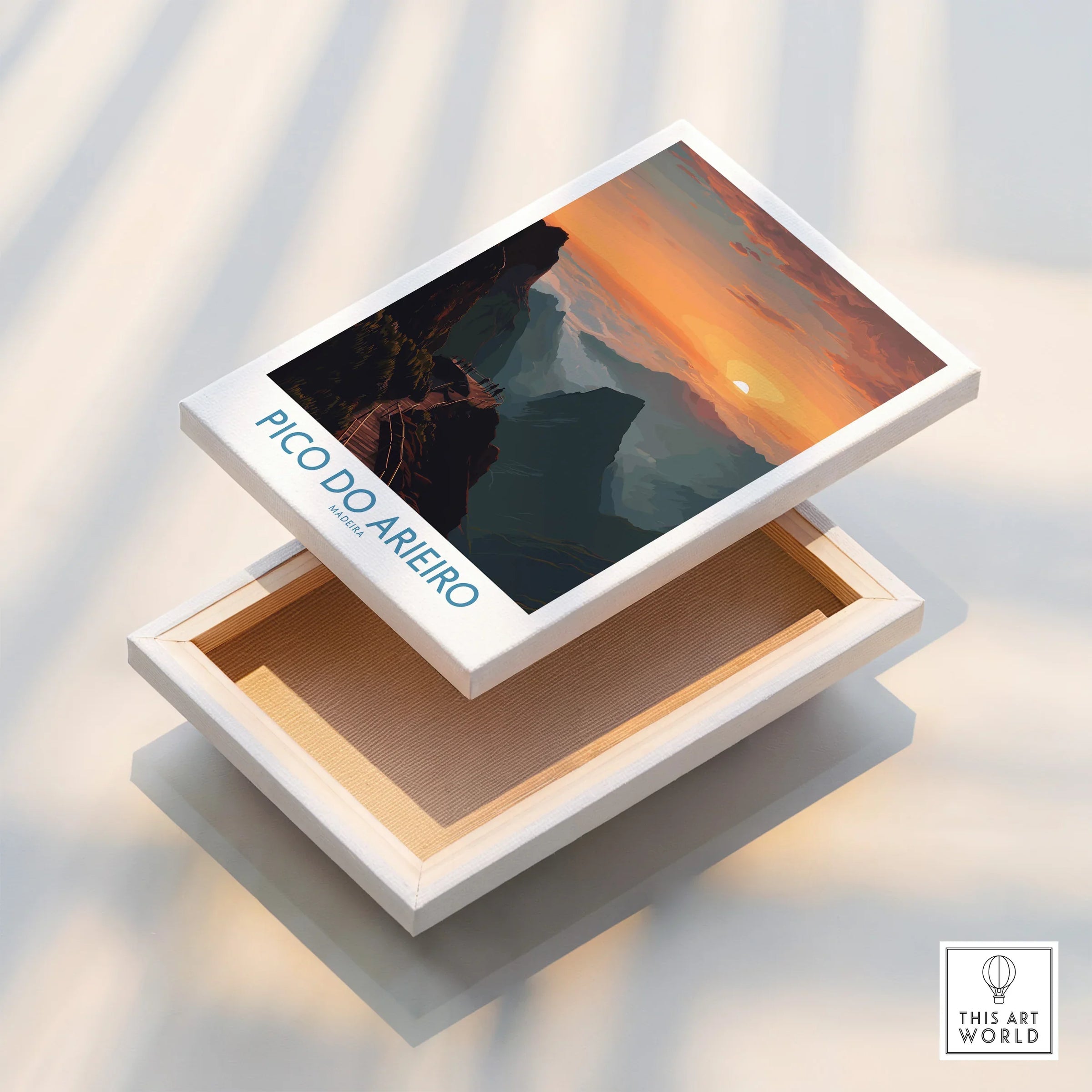 Pico do Arieiro Madeira sunset travel wall art on a stretched canvas print with floating frame.