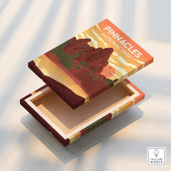 Pinnacles National Park travel poster art on a floating canvas print box lid, nature landscape design
