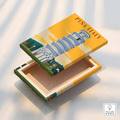 Pisa Tower Print Poster Italy Wall Art beautifully displayed on a vintage-style box, perfect for adding charm to your decor.