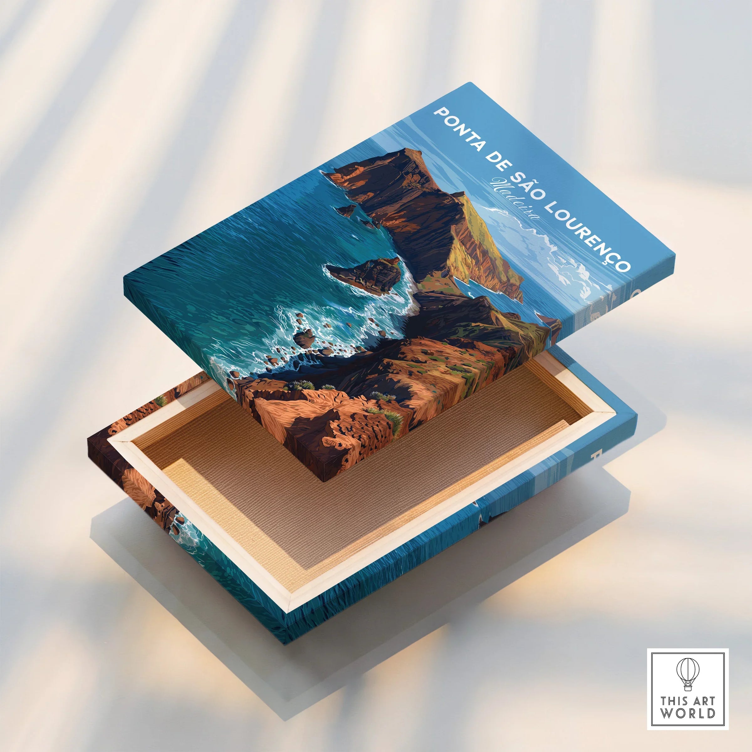 Stretched canvas print with Ponta de São Lourenço coastal landscape in open box.