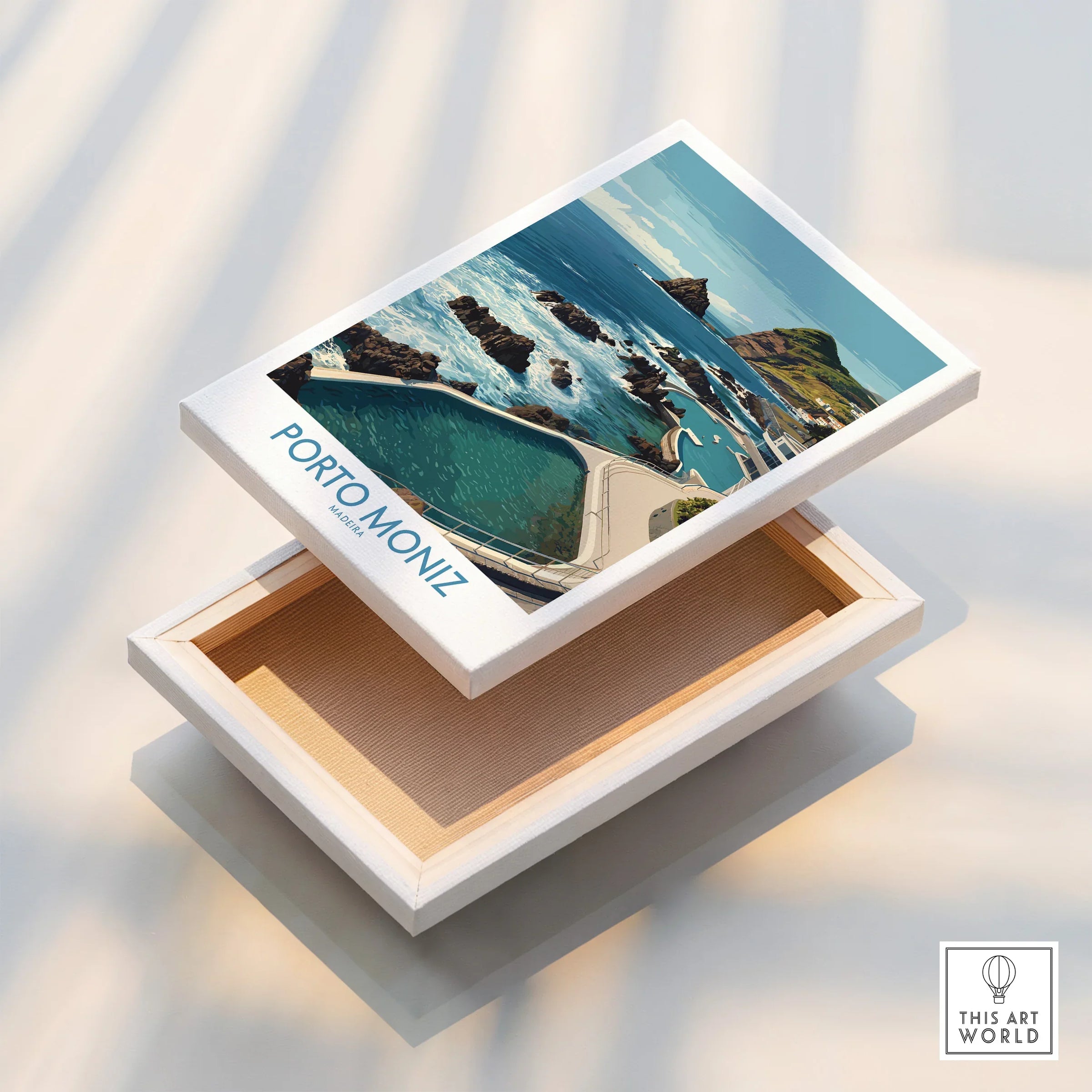 Stretched canvas print of Porto Moniz Madeira ocean view with rocky coast, floating frame detail