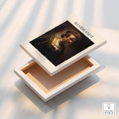 Rembrandt Self Portrait 1650 Dutch Master Painter Art Print Poster Wall Decor on display in a decorative box.