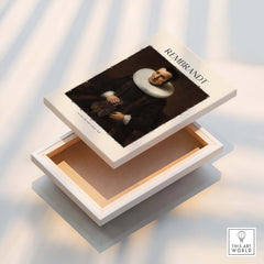 Rembrandt Old Lady with Book 1637 Portrait Print Dutch Golden Age Poster Art displayed on a gift box.
