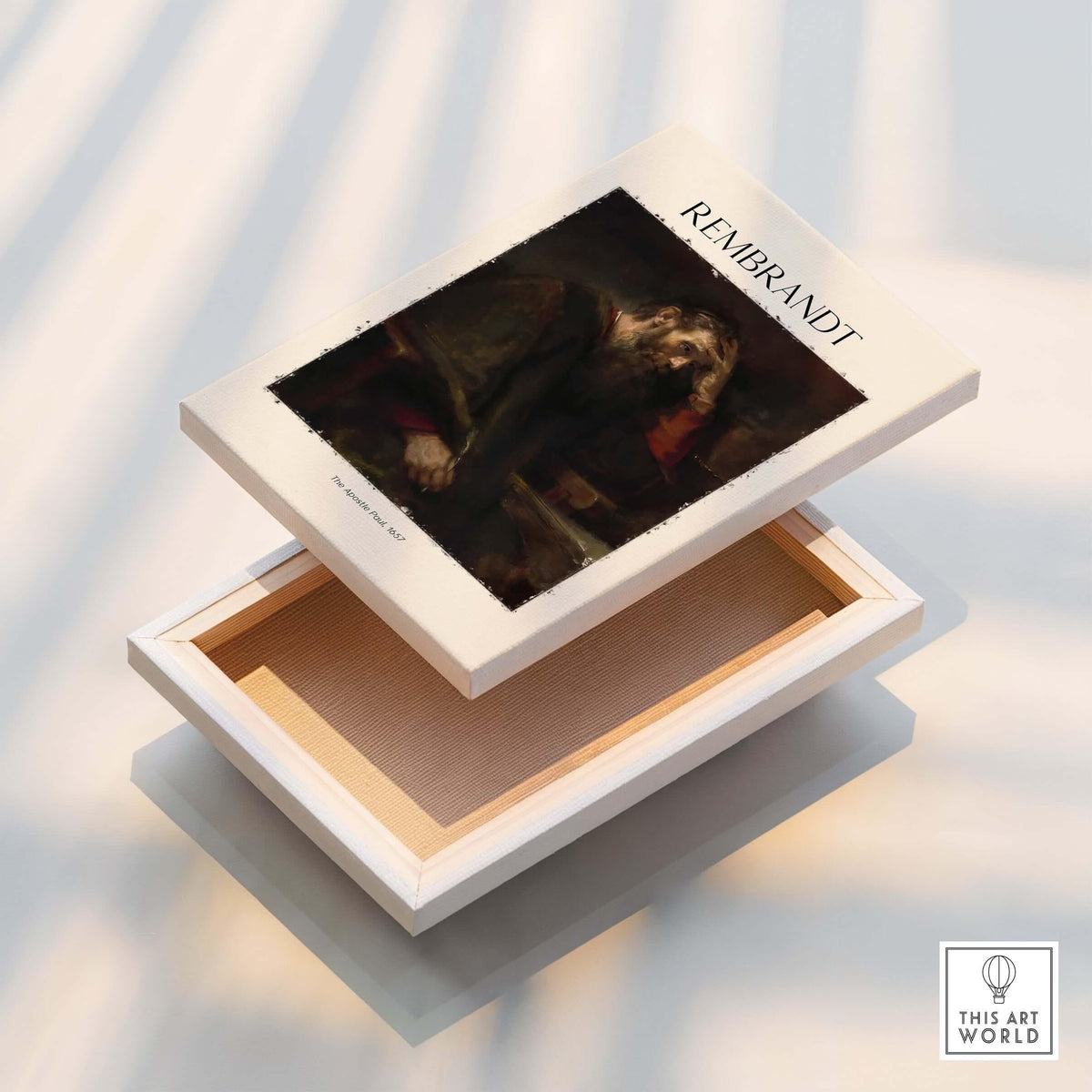 Rembrandt The Apostle Paul 1657 Religious Art Print Baroque Painting Poster displayed on a box.