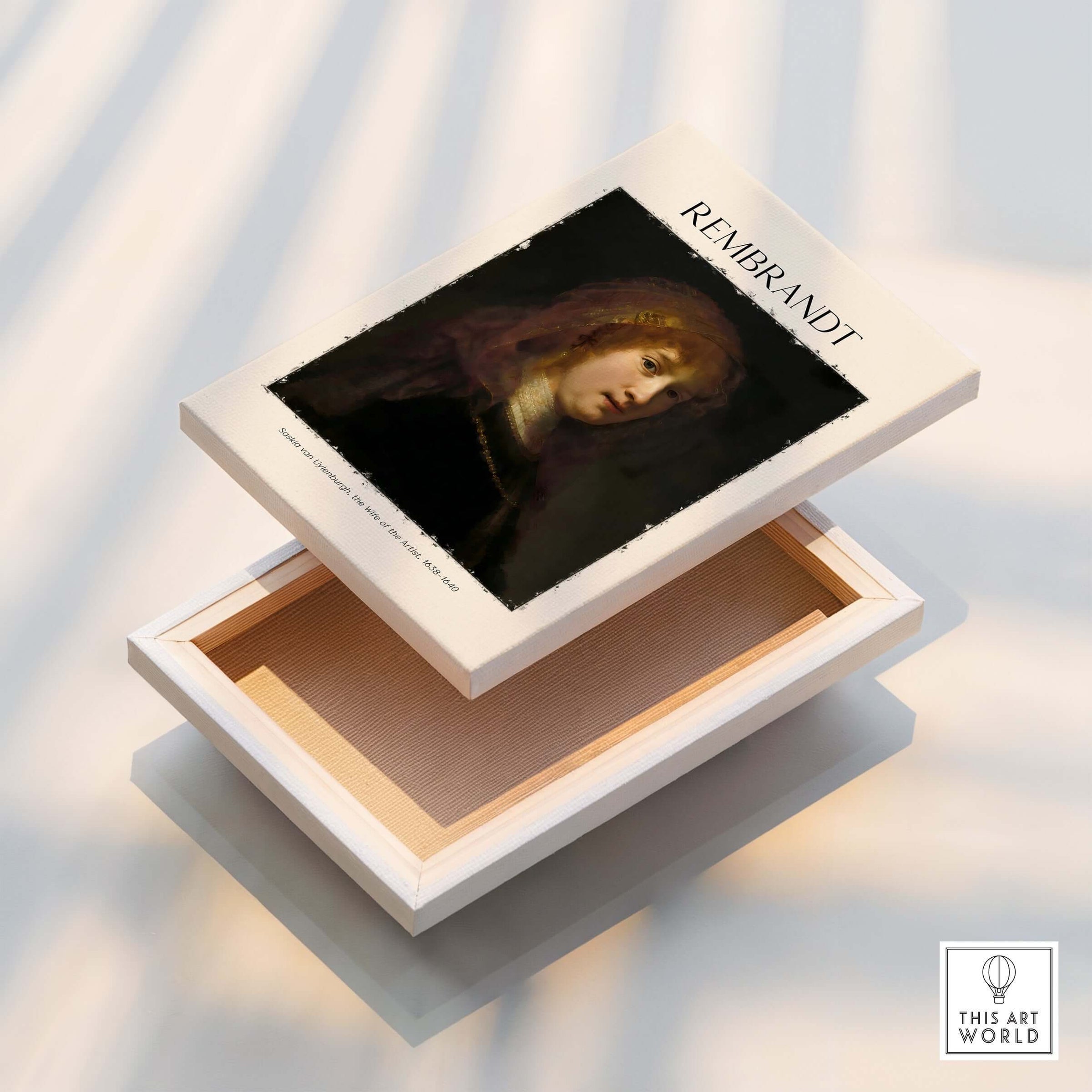 Rembrandt Saskia van Uylenburgh Portrait Print Wife Artist Dutch Poster Wall Art box with artwork on top.