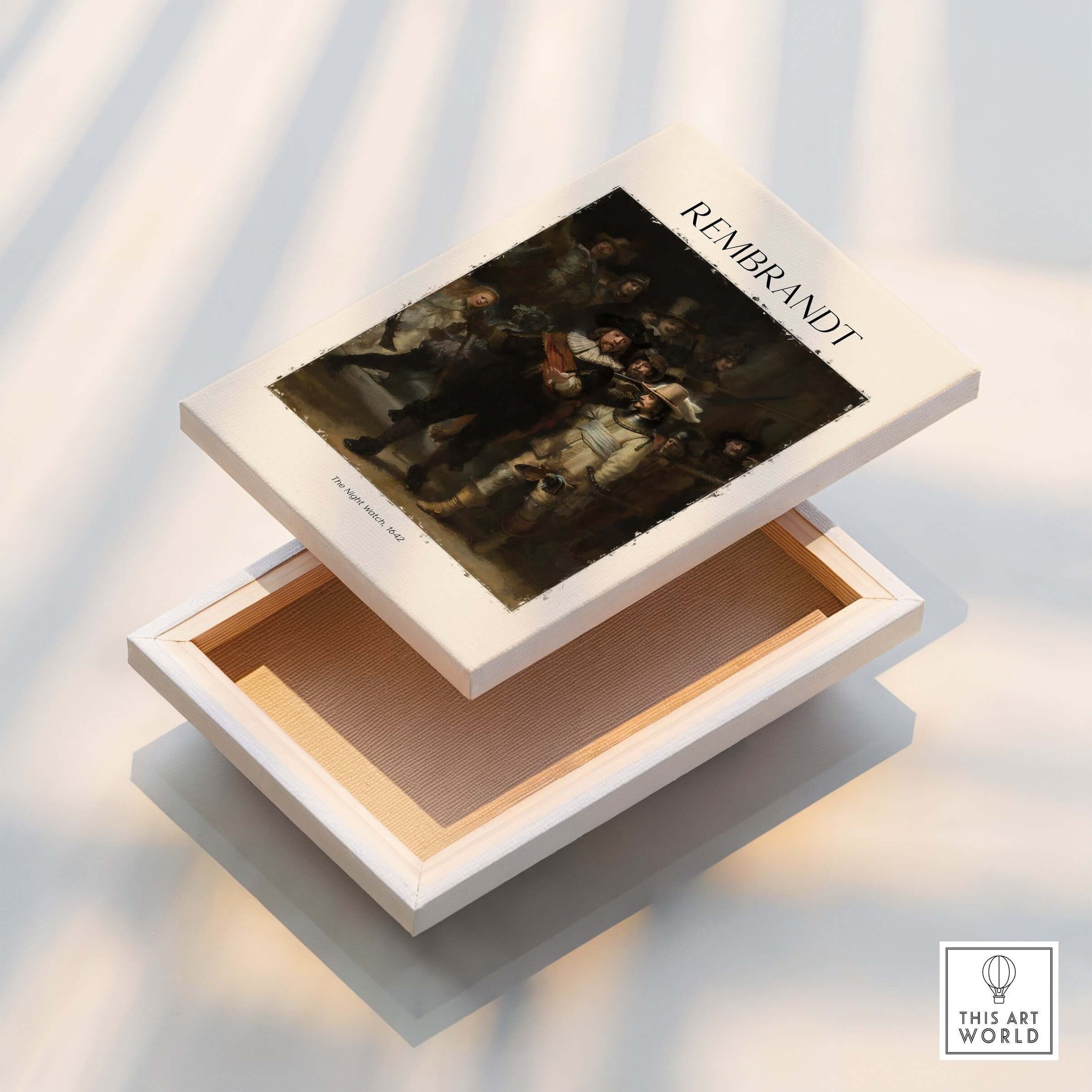 Rembrandt The Night Watch 1642 Famous Dutch Master Painting Art Print Poster displayed in an elegant box.