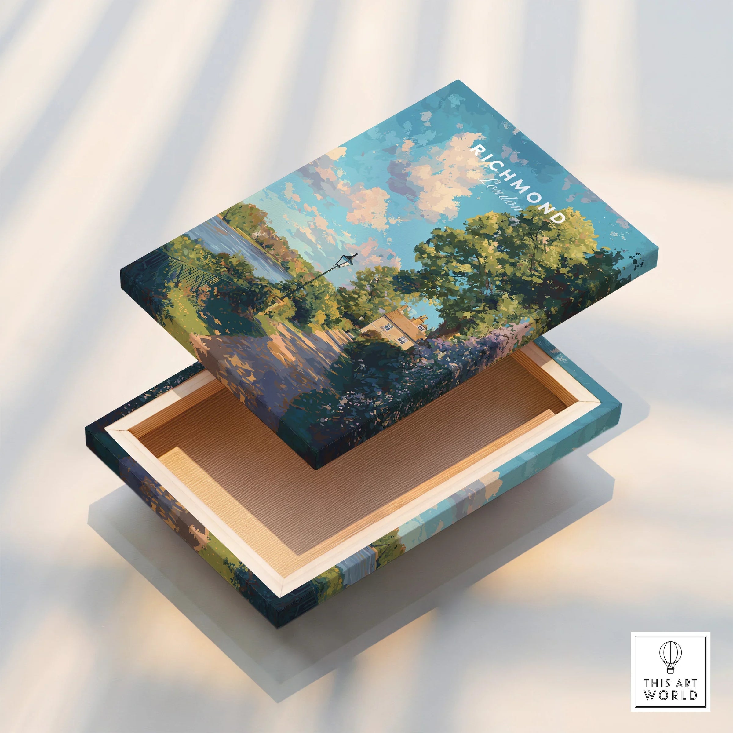 Richmond landscape painting on floating stretched canvas, closeup art print detail