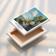 Richmond London travel poster stretched canvas print with landscape artwork, floating frame detail.