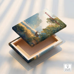 Richmond Park art print on floating canvas with deer silhouette and scenic forest landscape.