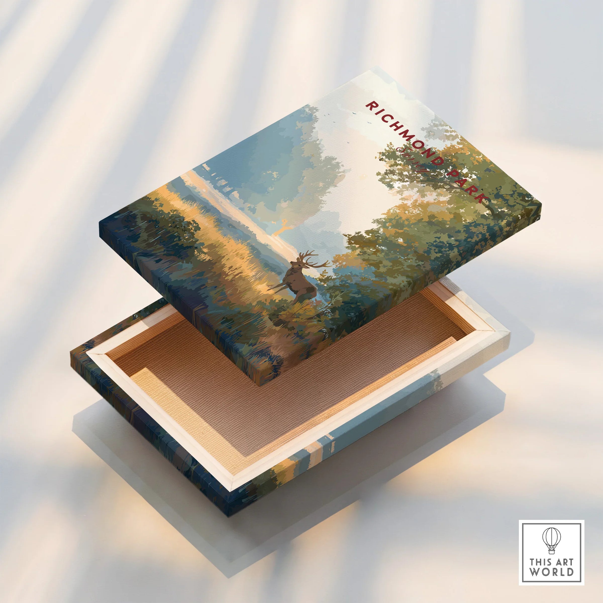 Richmond Park art print on floating canvas with deer silhouette and scenic forest landscape.