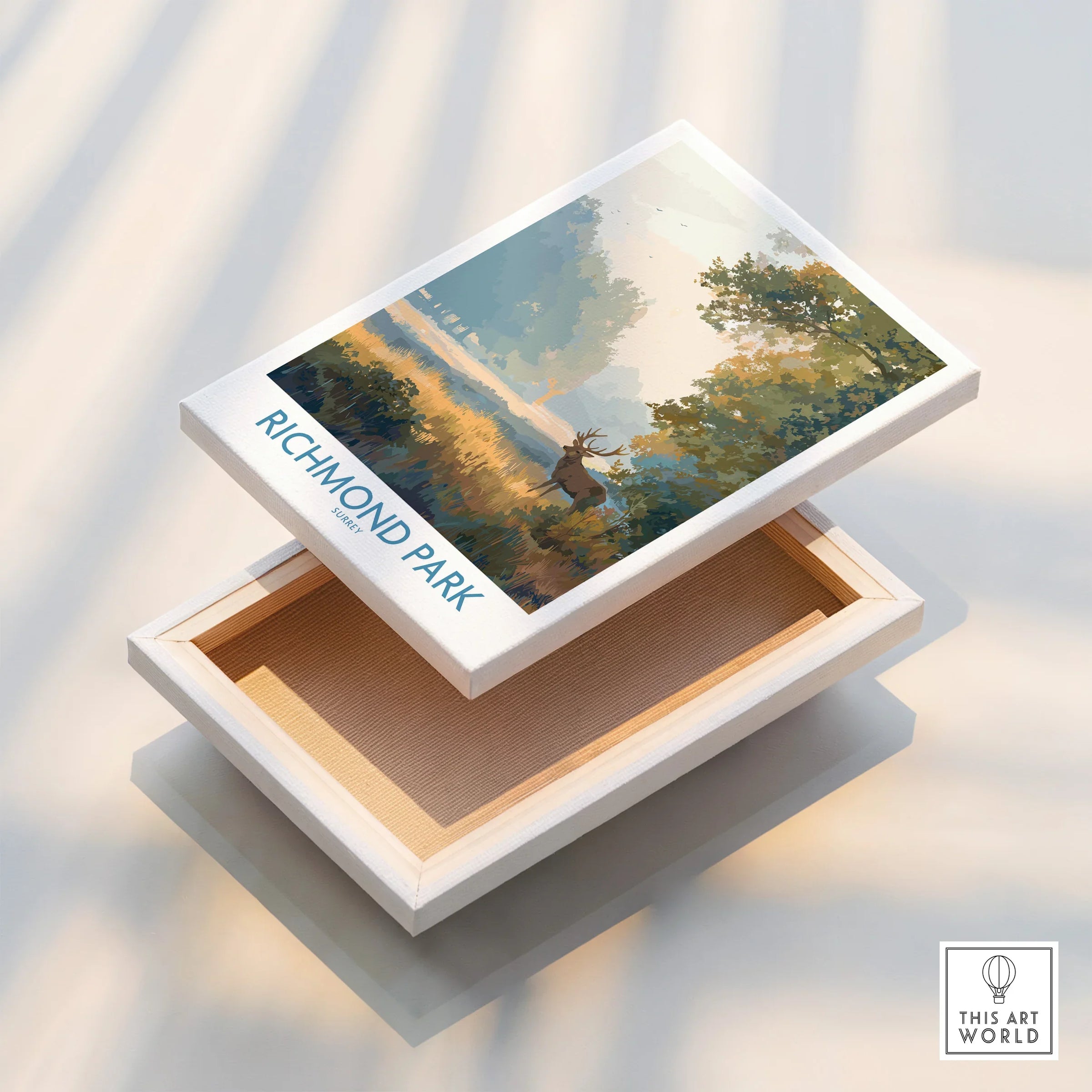 Richmond Park stretched canvas print with landscape art and stag, floating frame detail.