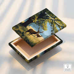 Stretched canvas print with Richmond Park deer and tree illustration in floating frame detail.