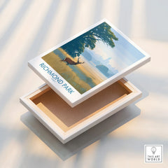 Richmond Park wall art canvas print featuring a deer in a scenic landscape, floating frame detail.